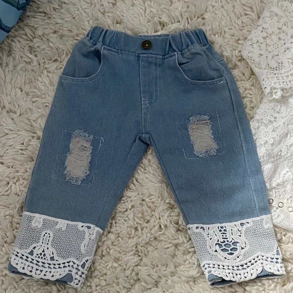 girls size 18mo -24mo matching set White Lace 1pc top Blue Jeans w white lace ¥